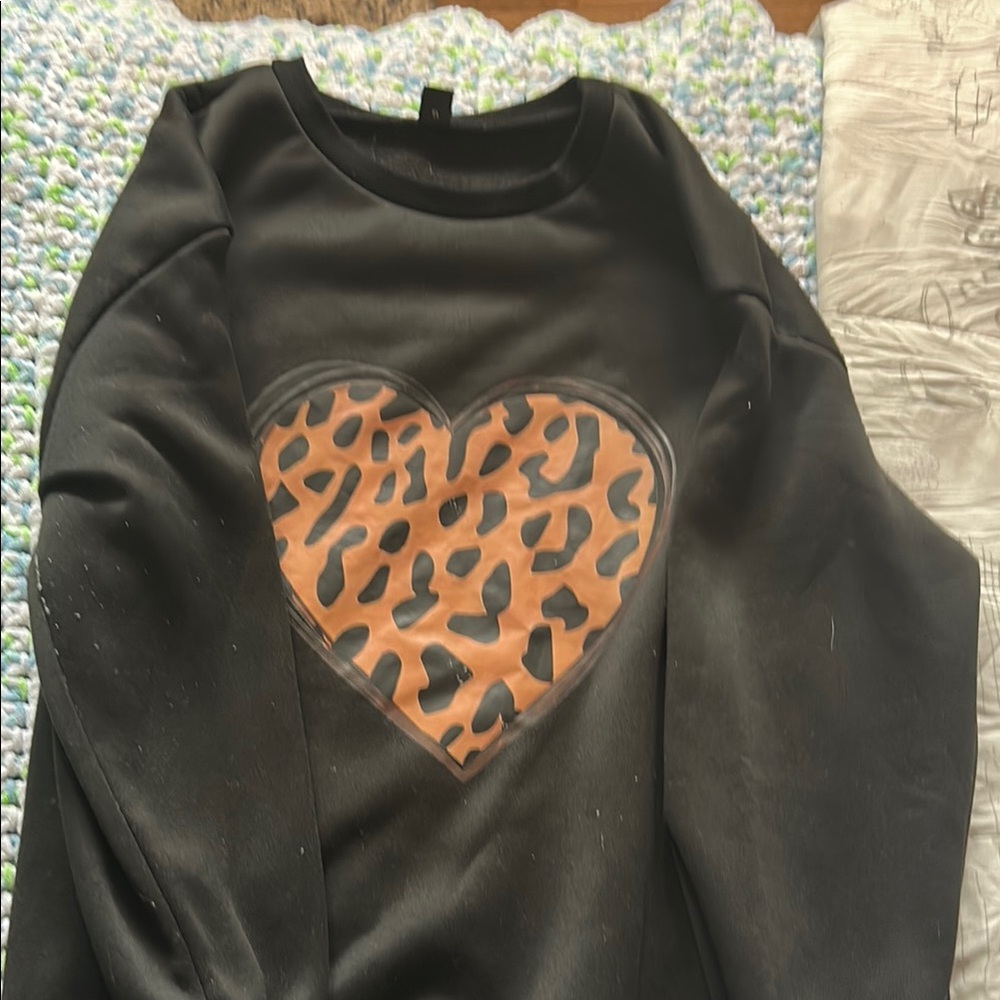 Black Sweatshirt with Leopard Heart Design
